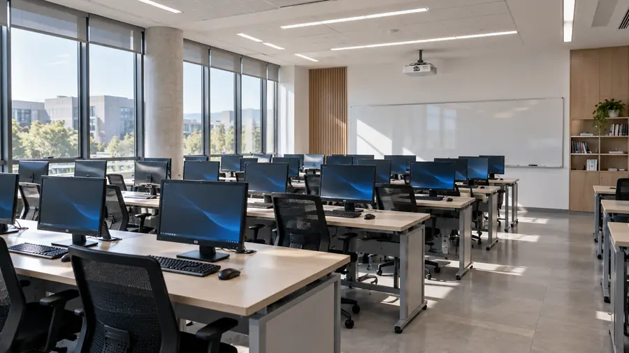 Aula de cómputo moderna con equipos encendidos