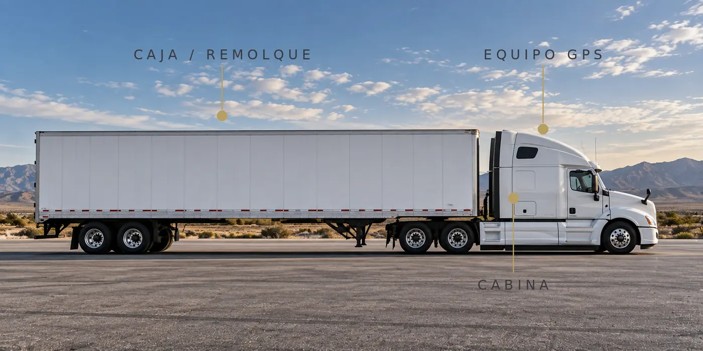 Tractocamión de perfil con los puntos clave señalados en dorado: caja o remolque, cabina y equipo GPS