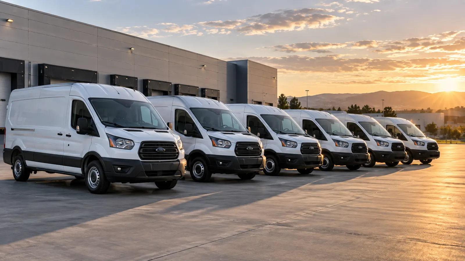 Seis camionetas de reparto blancas alineadas en el patio de un centro de distribución al amanecer