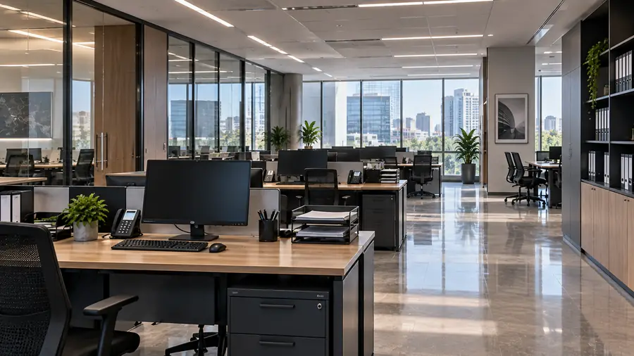 Oficina gubernamental moderna con estaciones de trabajo